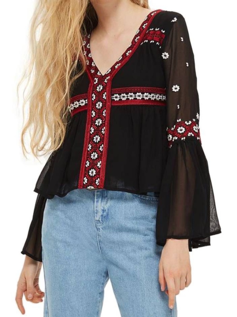 Topshop Black & Red Embroidered V-Neck Boho Bell/Flute Sheer Sleeve Top